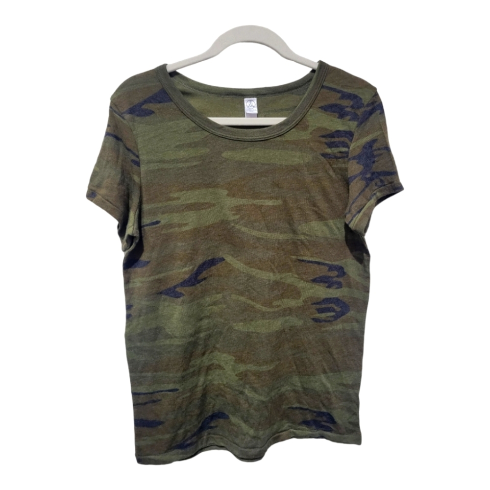 Alternative Shirt Womens L Camouflage Top V Neck Short Sleeves Casual